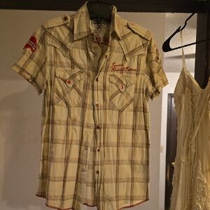 Toxic Waste Plaid Rockabilly Tattoo Pearl Snap Short-Sleeve Button-Down Shirt